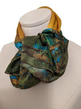 100% Silk Landscape Print Scarf Nature Blue Yellow Square Boho Chic Retro Wrap